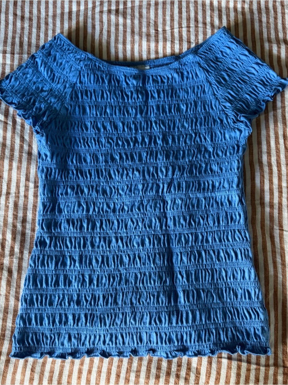 abercrombie Blue Smocked Off-Shoulder Crop Top